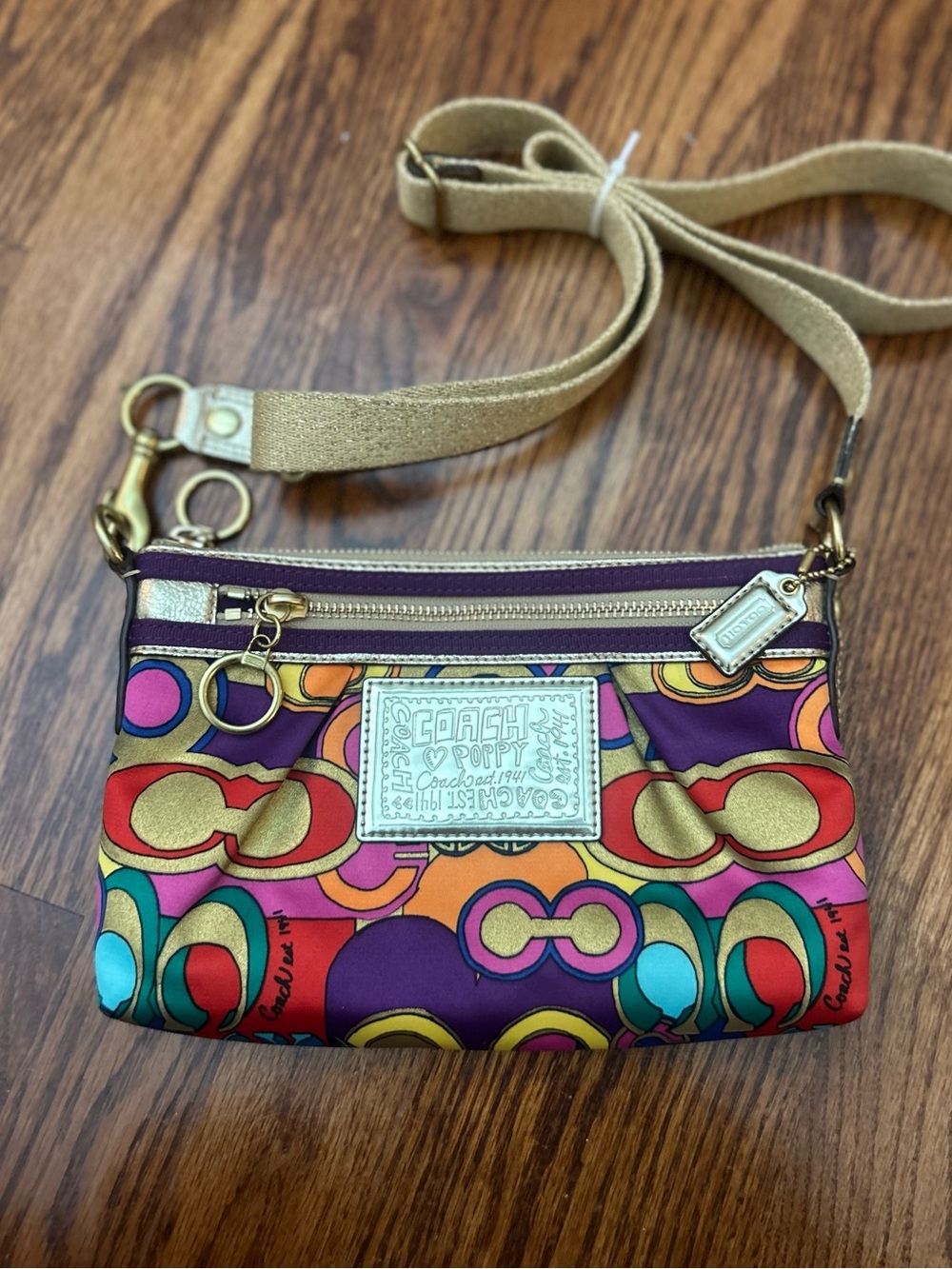 Coach Poppy Glam Signature Print Satin/Nylon Swingpack Crossbody Multicolor
